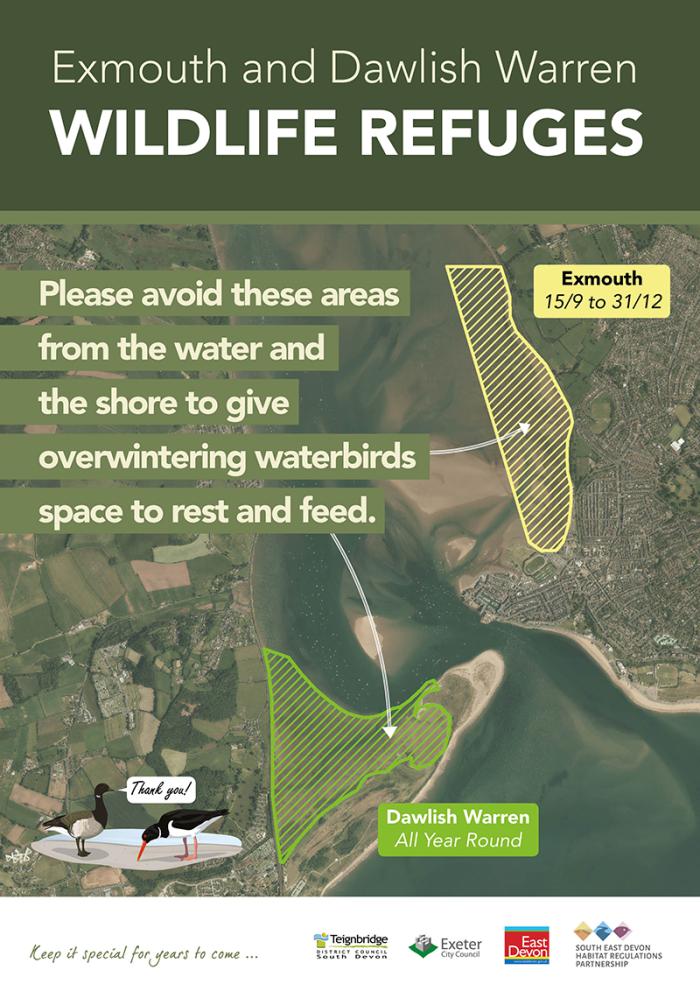 A satellite image of the southern part of the Exe Estuary with the Exmouth and Dawlish Wildlife Refuges shown.