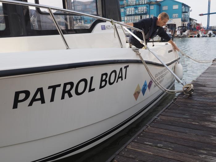 A side view of the Patrol Boat at Exmouth Marina