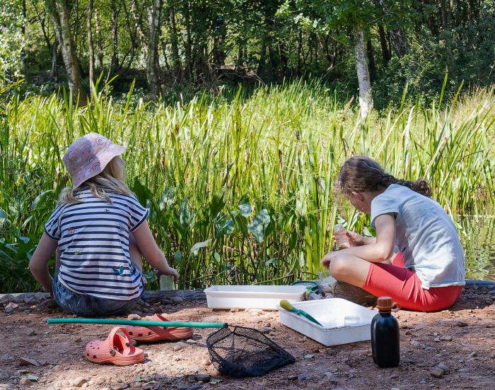 A photo of two children sat beside a pond on the Pebblebed Heaths.