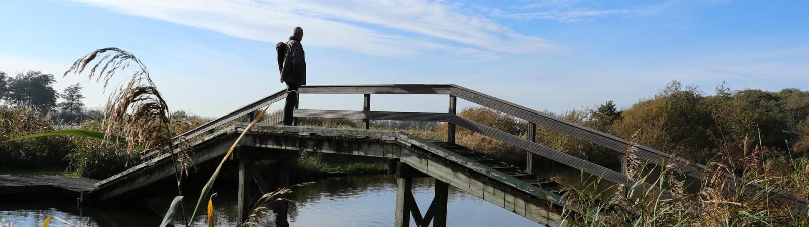 Adult male on a wooden bridge over a river looking out at the scenery