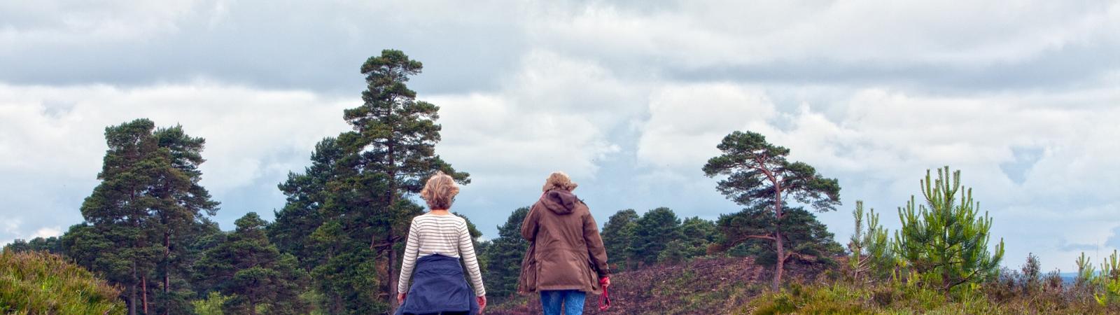 Two people walking through grassland